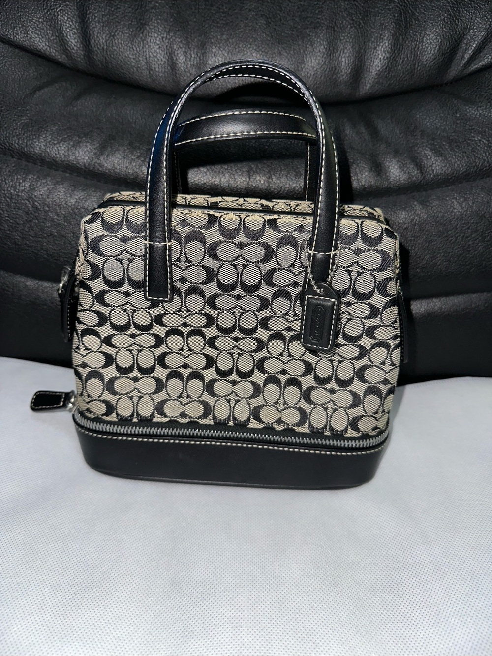 Coach Mini Satchel Cosmetic Case: Signature black and grey canvas C.